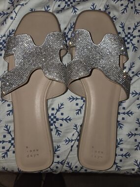 a new day Silver Rhinestone Slide Sandals with Blush Footbed